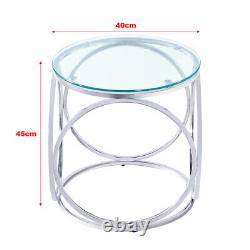 Round Glass Coffee Table Living Room Bedroom Side End Table Stainless Steel Base