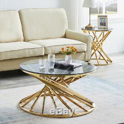Round Glass Coffee Table Side Tables Gold Stainless Steel Legs Sofa Living Room