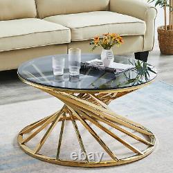 Round Glass Coffee Table Sofa Side Table Gold Stainless Steel Legs Living Room
