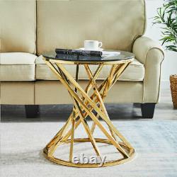 Round Glass Coffee Table Sofa Side Table Gold Stainless Steel Legs Living Room