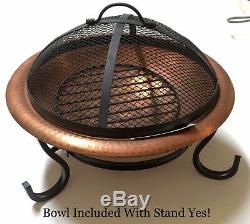 Round REAL Copper Table Top Fire Pit Bowl and Stand includes metal mesh cover
