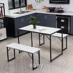 Set of 3 Dining Table +2 Bench Chair Set Dining Room Kitchen Furniture Metal Leg