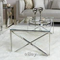 Silver Stainless Steel Coffee Table Clear Glass Contemporary Lounge Living Room