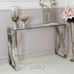Silver Stainless Steel Console Table Clear Glass Hall Display Modern Cross Home
