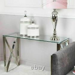 Silver Stainless Steel Console Table Hall Clear Glass Display Modern Cross Home