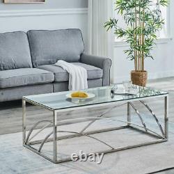 Silvery Coffee Table Stainless Steel Side Table WithTransparent Tempered Glass