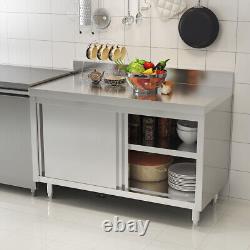 Stainless Steel Catering Work Table with Base Cabinet & Backsplash Sliding Doors