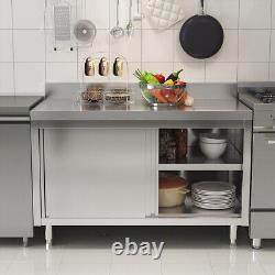 Stainless Steel Catering Work Table with Base Cabinet & Backsplash Sliding Doors