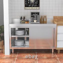 Stainless Steel Catering Work Table with Base Cabinet & Backsplash Sliding Doors