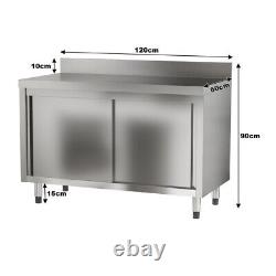 Stainless Steel Catering Work Table with Base Cabinet & Backsplash Sliding Doors