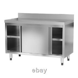 Stainless Steel Catering Work Table with Base Cabinet & Backsplash Sliding Doors