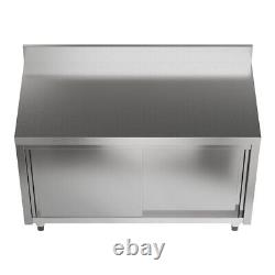 Stainless Steel Catering Work Table with Base Cabinet & Backsplash Sliding Doors