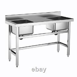 Stainless Steel Commercial Catering Kitchen Work Table Sink Double Bowl w Baffle