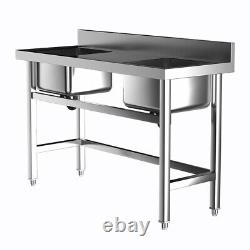 Stainless Steel Commercial Catering Kitchen Work Table Sink Double Bowl w Baffle