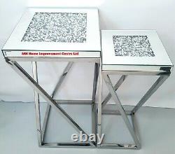 Stainless Steel Mirrored 2 Nest End Tables Sparkly Silver Diamond Crush Crystal