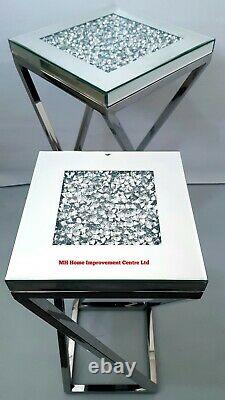 Stainless Steel Mirrored 2 Nest End Tables Sparkly Silver Diamond Crush Crystal