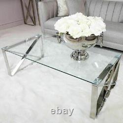 Stainless Steel Silver Coffee Table Clear Glass Contemporary Lounge Living Room