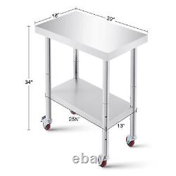 Stainless Steel Work Table w Adjustable Shelf 30x18 Kitchen Island on Wheels