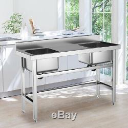 Steel Commercial Kitchen Sink Catering 2 Bowl Wash Table with Middle Platform