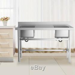 Steel Commercial Kitchen Sink Catering 2 Bowl Wash Table with Middle Platform