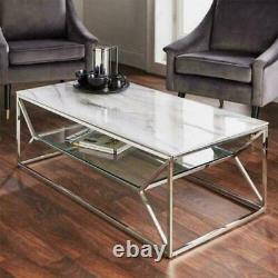 Ultra Modern Designer Marble Glass & Stainless Steel/Silver Coffee Table/Shelf