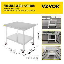 VEVOR 90X76cm Stainless Steel Work Bench Commercial Food Prep Table with Wheels