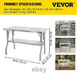 VEVOR Commercial Worktable 48 x 24 Kitchen Work Bench Folding Prep Table SUS