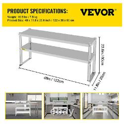 VEVOR Double Overshelf Stainless Steel Overshelf 2-Tier 12 x 48 for Prep Table