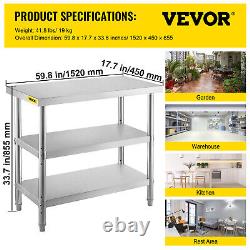 VEVOR Outdoor Food Prep Table 60x14x33in Stainless Steel Table 2 Undershelf