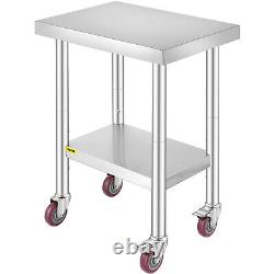 VEVOR Rolling Stainless Steel Kitchen Work Table with Casters Shelving 61x45CM