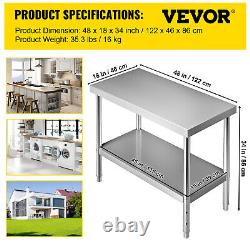 VEVOR Stainless Steel Kitchen Work Bench Prep Table Food Prep Table 48x18x34in
