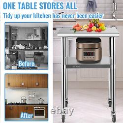 VEVOR Stainless Steel Work Table Commercial Food Prep Table 24x24x36in with Wheels