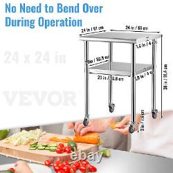 VEVOR Stainless Steel Work Table Commercial Food Prep Table 24x24x36in with Wheels