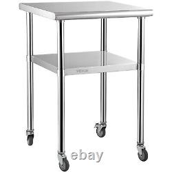 VEVOR Stainless Steel Work Table Commercial Food Prep Table 24x24x36in with Wheels