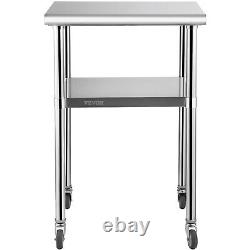 VEVOR Stainless Steel Work Table Commercial Food Prep Table 24x24x36in with Wheels