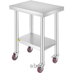 VEVOR Work Table with Wheels 24X18 Stainless Steel Food Prep Workbench Shelf
