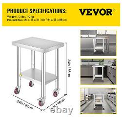 VEVOR Work Table with Wheels 24X18 Stainless Steel Food Prep Workbench Shelf
