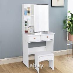 White Dressing Table Vanity Set Makeup Desk Drawers & Sliding Mirror Light Stool