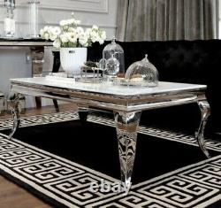 White Glass & Silver Stainless Steel Coffee Table NEW Louis Modern Style