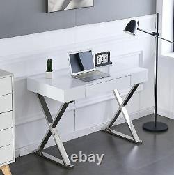 White High Gloss Computer Desk PC Table with Drawer Stainless Steel Leg MDF Top