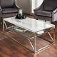 White Marble Glass Coffee Table With Silver Stainless Steel Legs & Glass Shelf