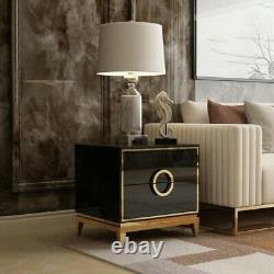 Wood & Stainless Steel Black Bedroom Nightstand with 2 Drawers Beside Table Gold