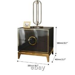 Wood & Stainless Steel Black Bedroom Nightstand with 2 Drawers Beside Table Gold
