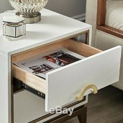 Wood & Stainless Steel White Bedroom Nightstand with 2 Drawers Beside Table Gold
