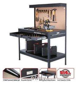 Work Bench with Light PowerStrip Table Reloading Machine Shop Garage Hobby Steel