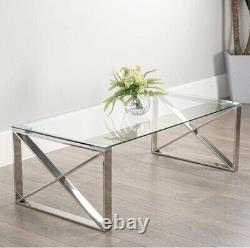 X Shape Coffee Table Stainless Steel With Glass Top
