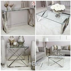 Zenn Glass Stainless Steel Console Coffee End Tables Living Room Furniture Set
